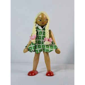 Vtg Polish Doll Wooden Peg Mid Century Blonde Folk Art Red Shoes Souvenier